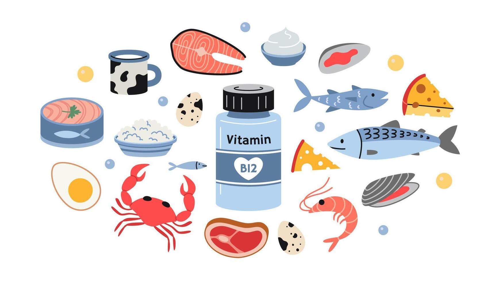 A jar of vitamin B12 and foods enriched with it. Sea food, fish, meat, dairy products and eggs set. Isolated illustration, hand drawn, fla vector