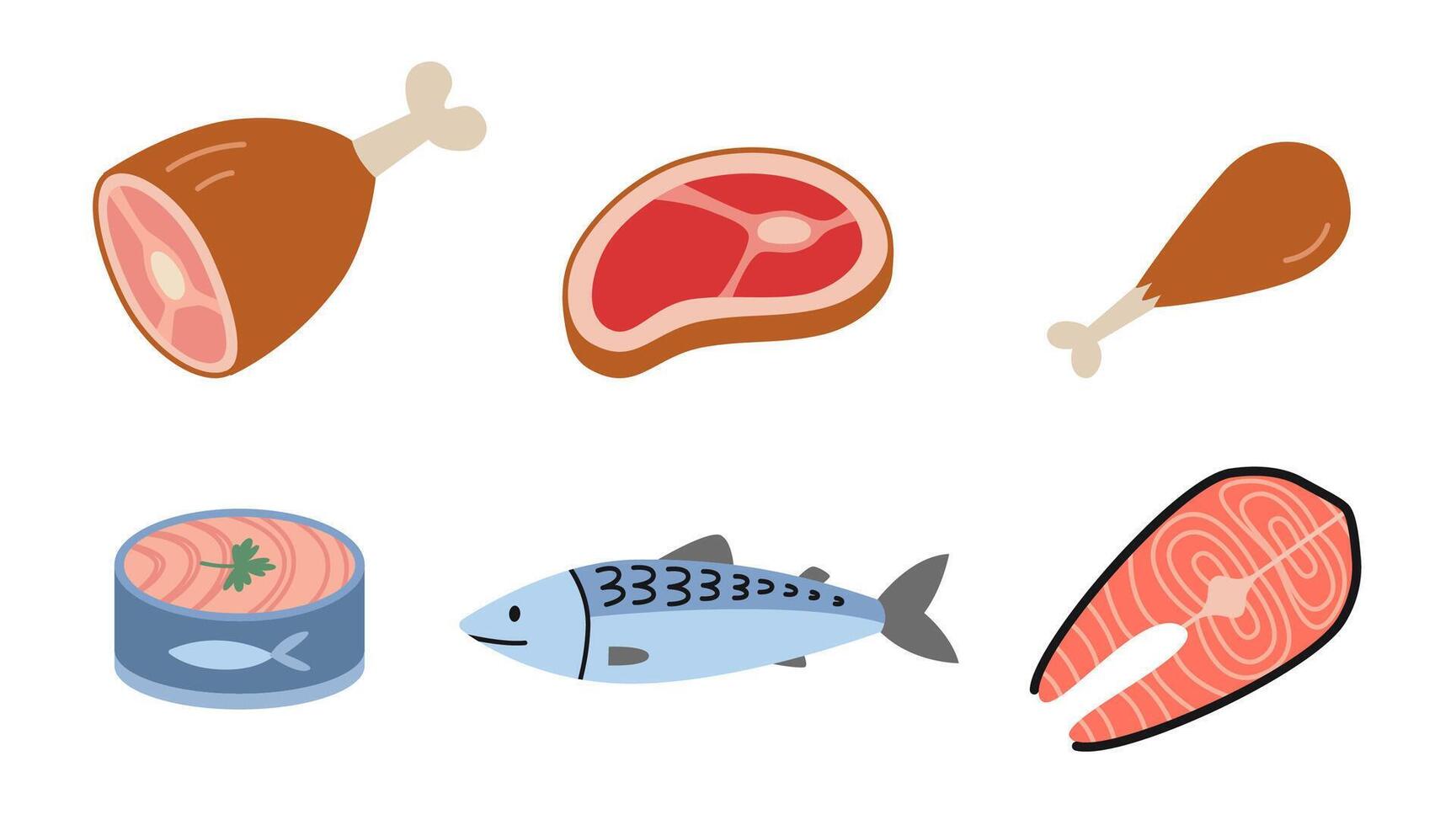 Various types of healthy protein, poultry, red meat and fish, cartoon style. Trendy modern illustration isolated on white background, hand drawn, flat design vector