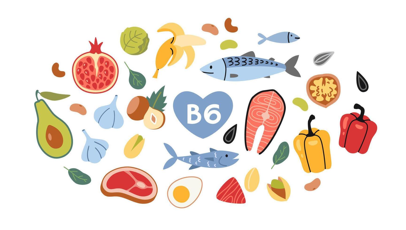 Best sources of vitamin B6 foods, cartoon style. Sea food, fish, meat, fruits, vegetables, nuts and eggs set. Isolated illustration, hand drawn, flat design vector
