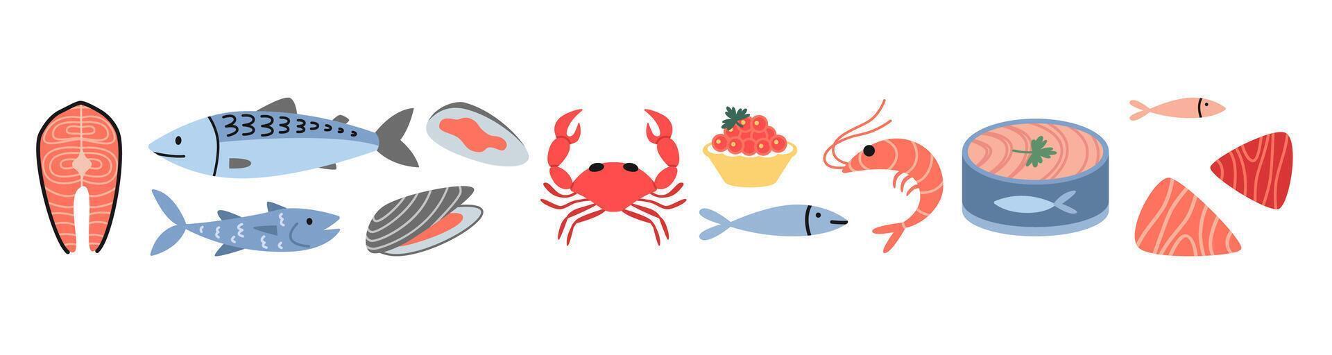 Seafood set, cartoon style. Marine animal like salmon, tuna, shrimp, crab and mussel. Fresh fish, canned food, meat and steaks. Trendy illustration isolated on white, hand drawn, flat design vector