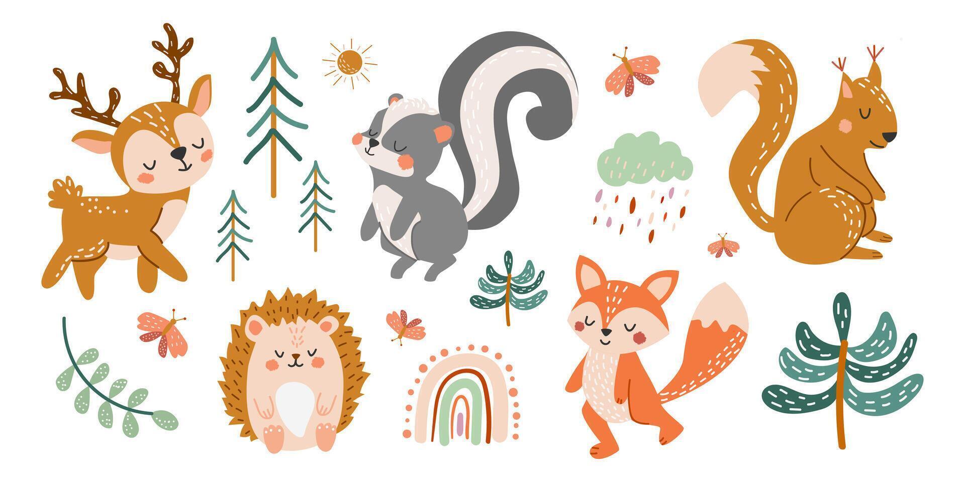 Set of cute forest animals. Illustration in hand drawn style. Deer, squirrel, skunk, hedgehog, fox, trees, Christmas trees in flat style. Children's background, banner, poster. vector