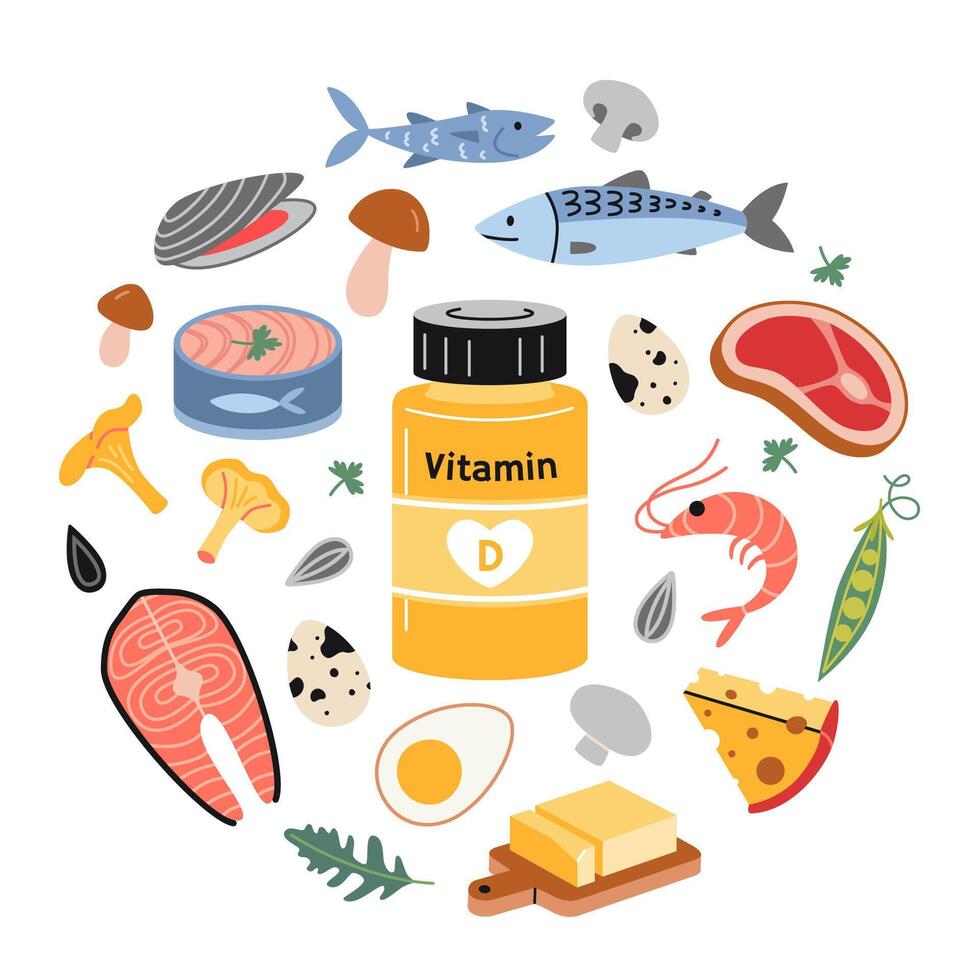 A jar of vitamin D and foods enriched with it. Sea food, fish, meat, dairy products, eggs and vegetables set. Circular composition. Isolated illustration, hand drawn, flat vector