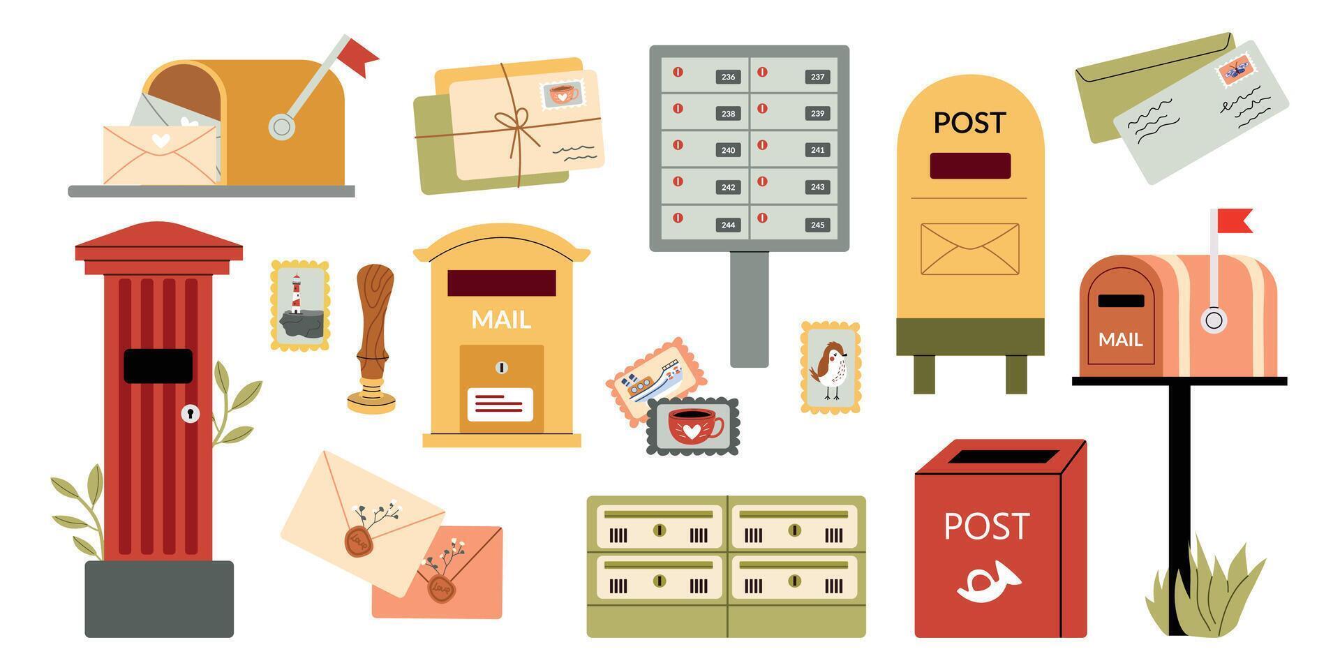 Mailboxes set. Different mailboxes, mail envelope, stamps. Postal mailing letterbox hanged on wall or pillar for delivery mailed letter. illustration in hand drawn style. vector
