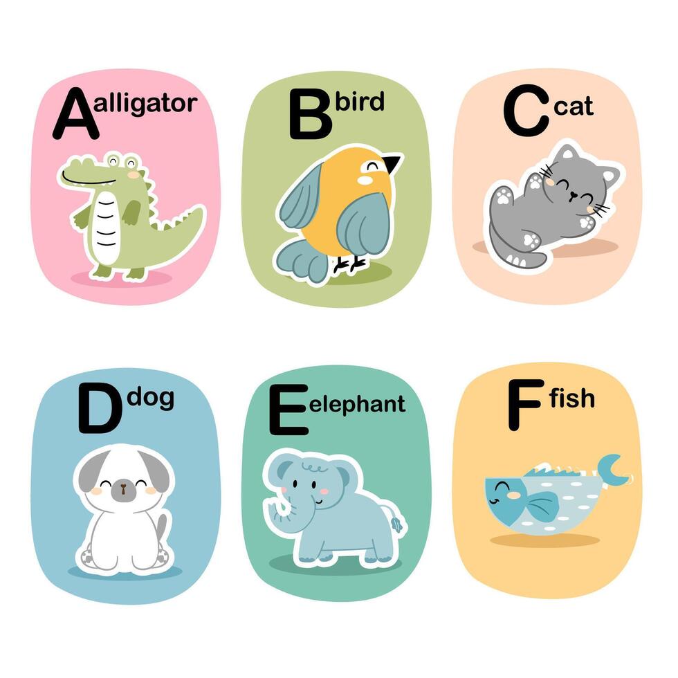 Alphabet cards for kids. Educational preschool learning ABC card with animal and letter cartoon illustration set. Flashcards with cute characters and english words. vector
