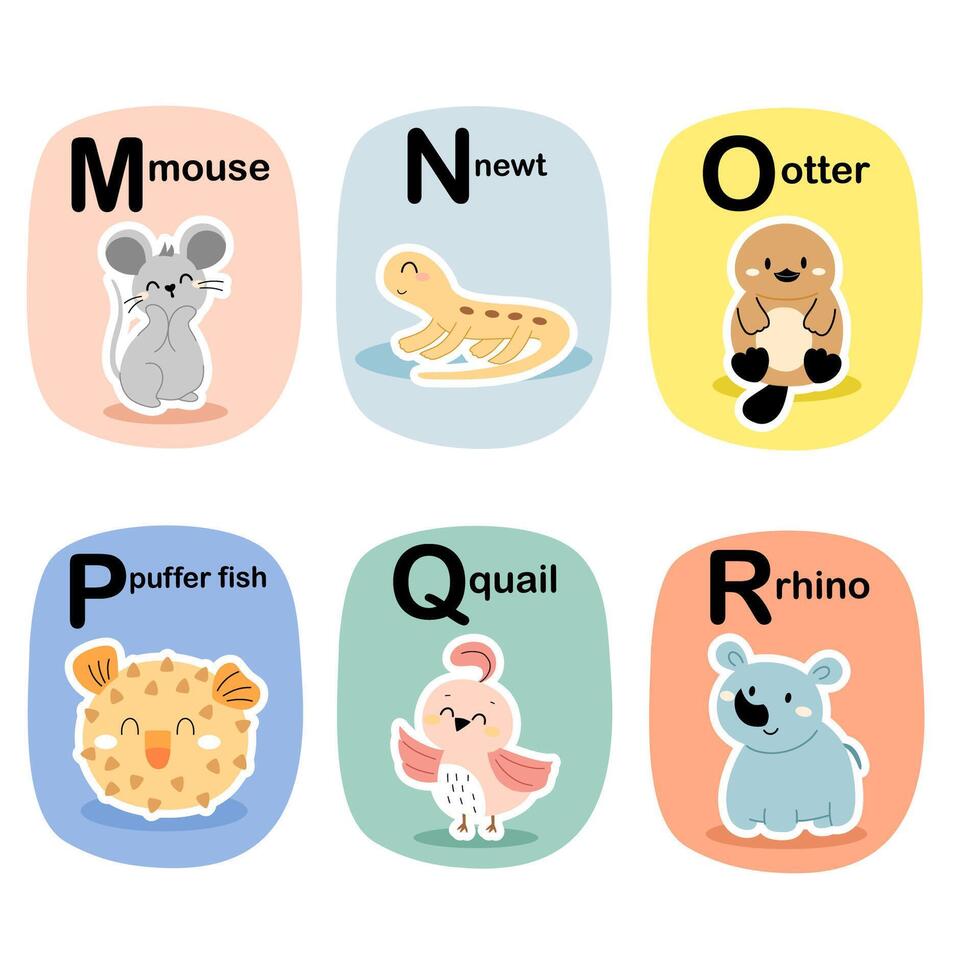 Alphabet cards for kids. Educational preschool learning ABC card with animal and letter cartoon illustration set. Flashcards with cute characters and english words. vector