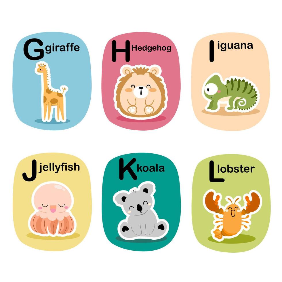 Alphabet cards for kids. Educational preschool learning ABC card with animal and letter cartoon illustration set. Flashcards with cute characters and english words. vector