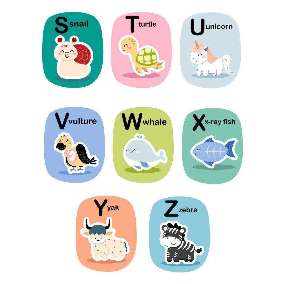 Alphabet cards for kids. Educational preschool learning ABC card with animal and letter cartoon illustration set. Flashcards with cute characters and english words. vector