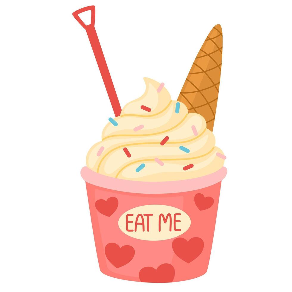 Ice cream in takeaway paper cup. Cold frozen dessert, sweet dairy snack in cardboard mug, bucket. Ice cream served, decorated with sprinkles. Flat illustration isolated on white background vector