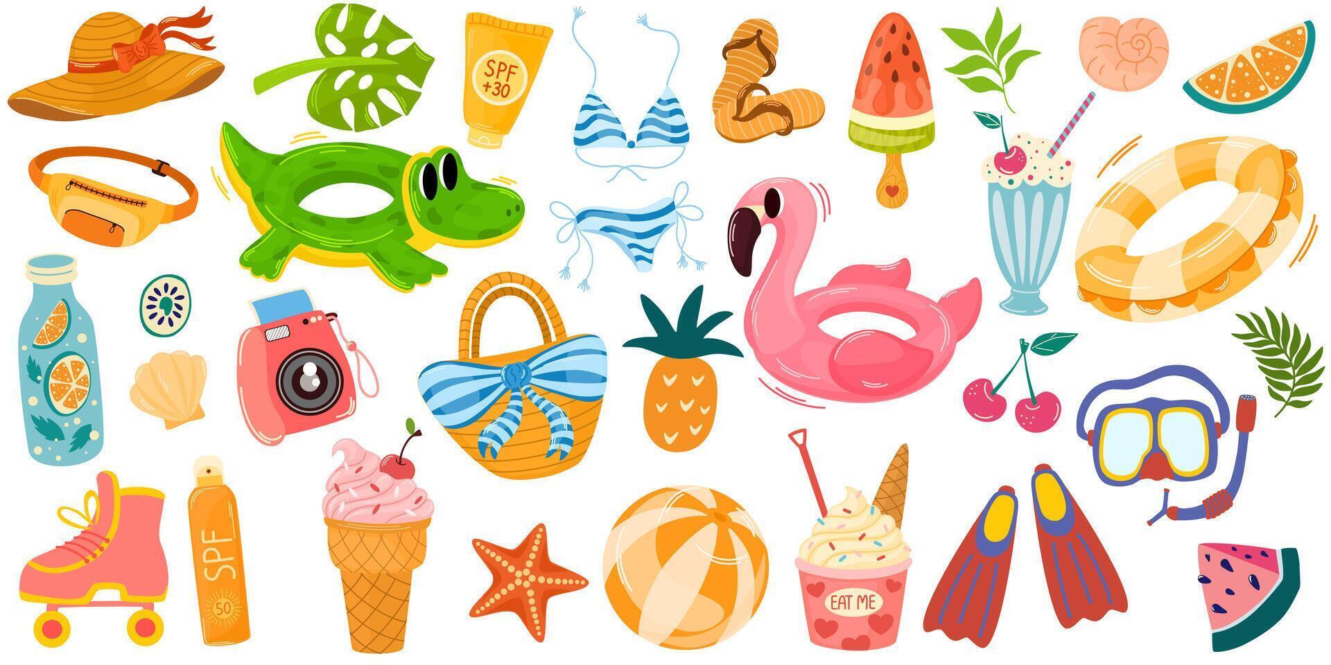 Summer big set for sticker. Icons, signs, banners. Bright summertime poster. Collection elements for summer holiday. vector