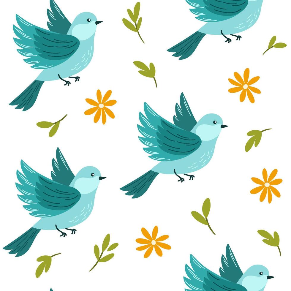 Seamless pattern of bird, flowers and green leaf on white background illustration. vector
