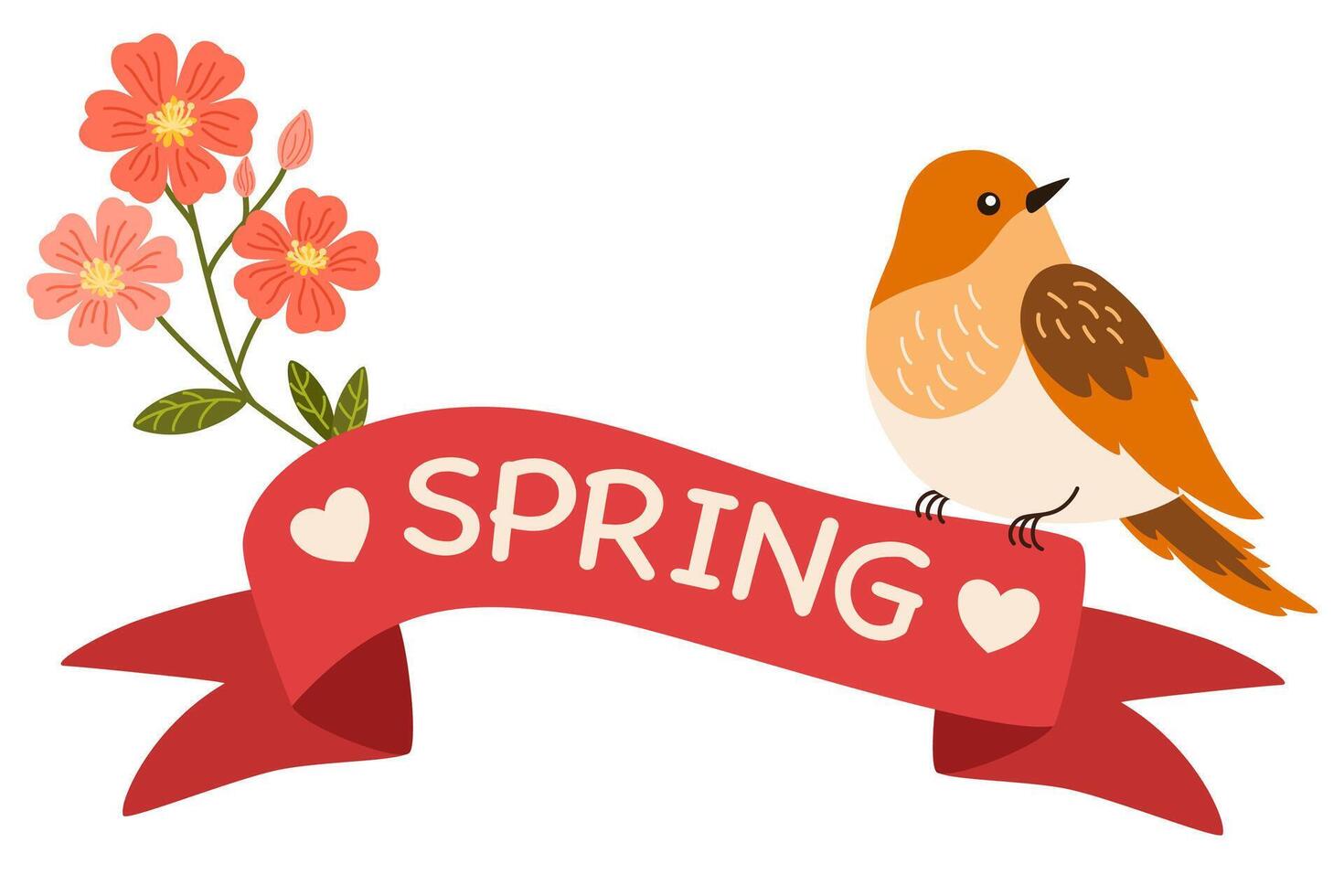 Spring label with season quotes, bird, ribbon. Hand drawn spring illustration. vector