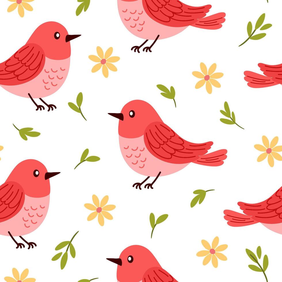 Seamless pattern of bird, flowers and green leaf on white background illustration. vector