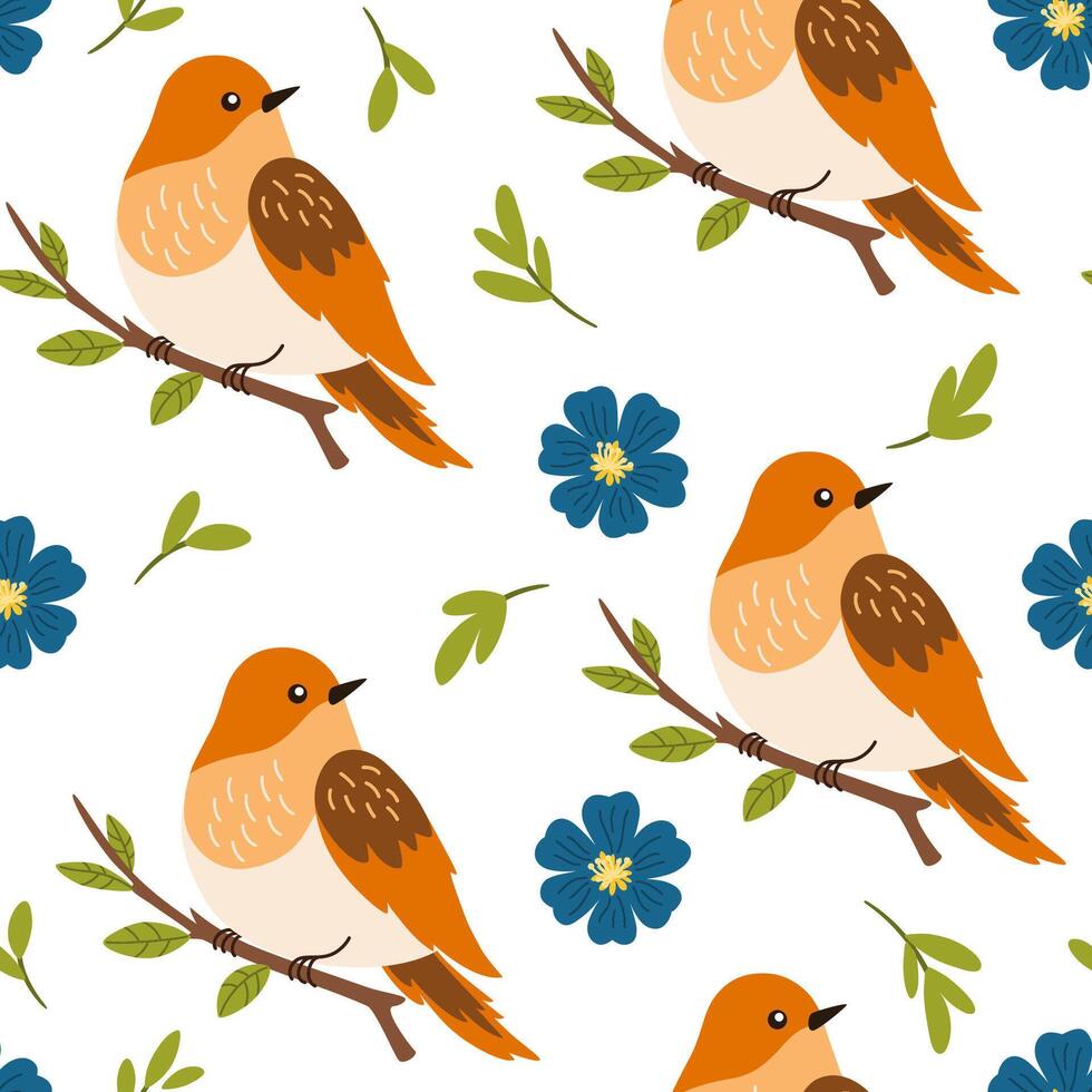 Seamless pattern of bird, flowers and green leaf on white background illustration. vector