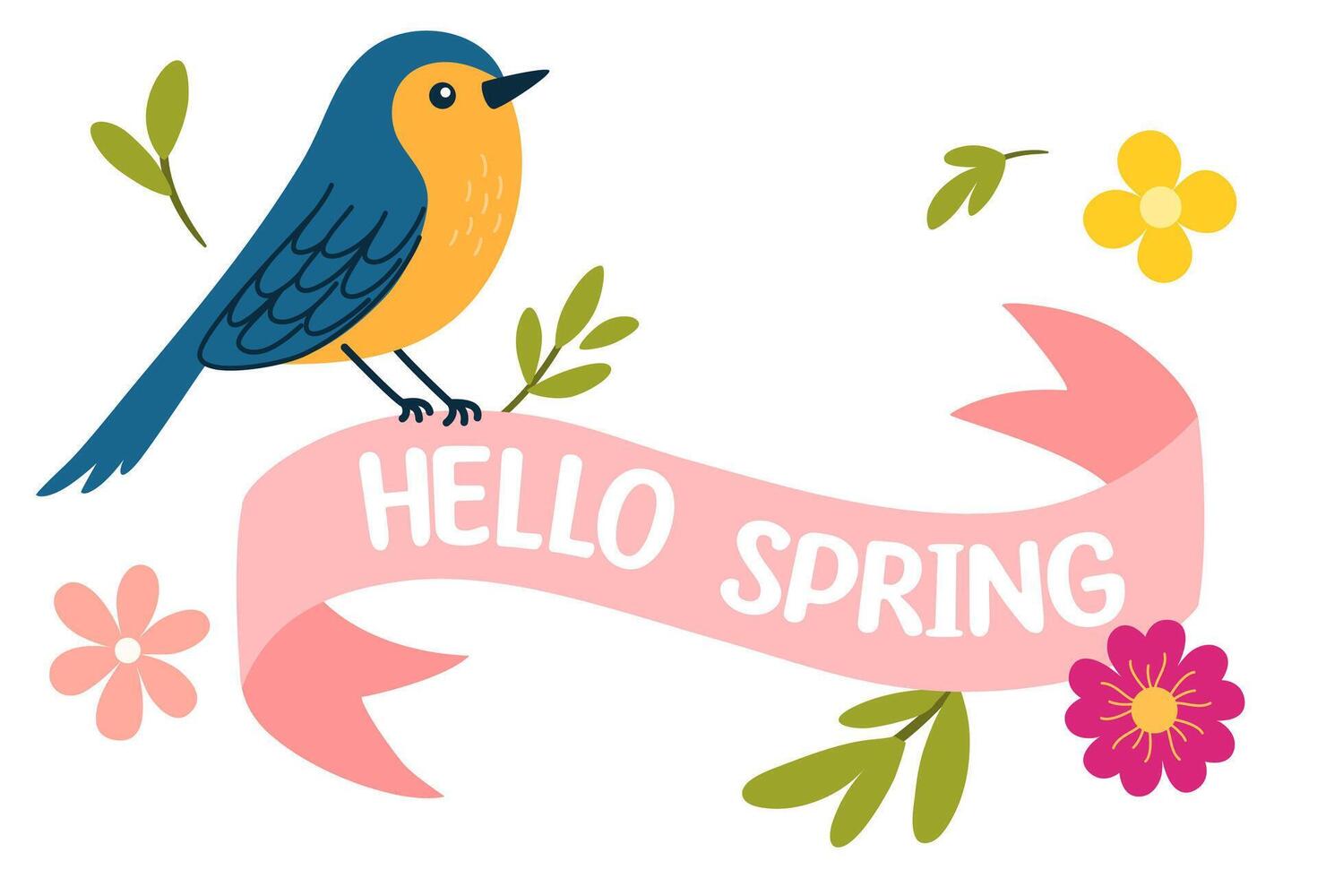 Spring label with season quotes, bird, ribbon. Hand drawn spring illustration. vector
