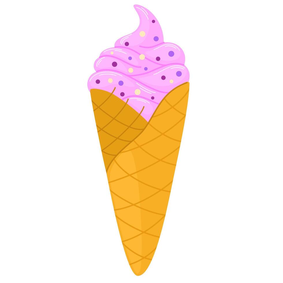 Ice-cream swirl in wafer cone. Summer frozen dessert, takeaway ice cream. Cold cool sugar snack. illustration isolated vector