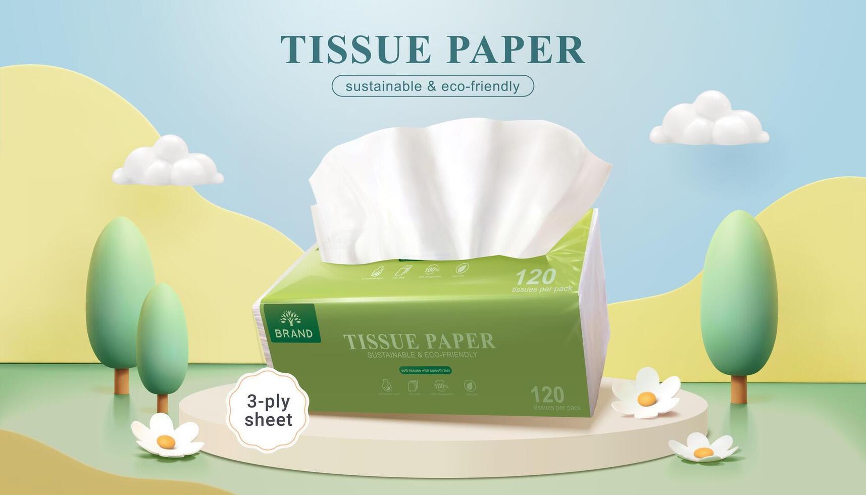Tissue paper banner ad. 3D Illustration of 3-ply sheet tissue paper pack displayed on the podium with flowers, trees, clouds, and papercut style mountains in the background vector