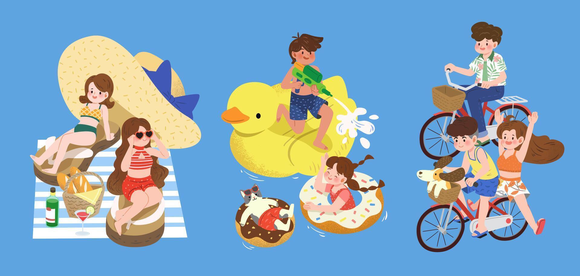 Set of kids doing different summer outdoor activities. Flat illustration of children enjoying sun bath, playing in swimming pool, and riding bicycles. vector