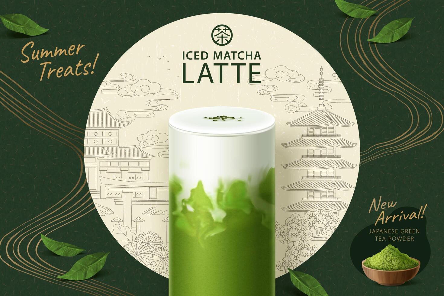 3D illustration of a glass of iced matcha latte served with realistic green tea powder and leaves on ink style Japanese town scenery seen through a circle in the middle. Translation, Tea vector