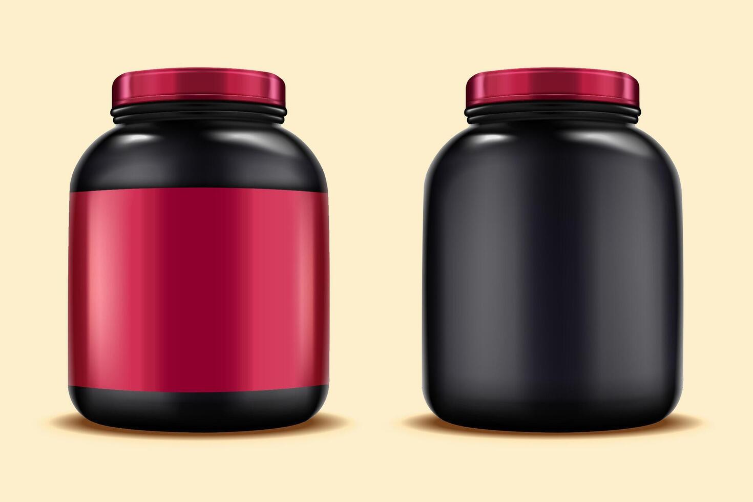 Whey protein plastic jar mockups. 3D Illustration of big plastic jars isolated on light orange background, one with pink label and the other one without vector