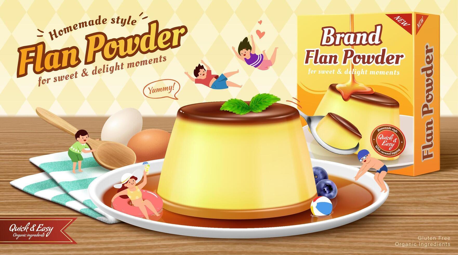 Flan powder ad. 3D Illustration of a custard pudding on plate dipped in caramel sauce and miniature kids playing around with the food on a wooden table vector