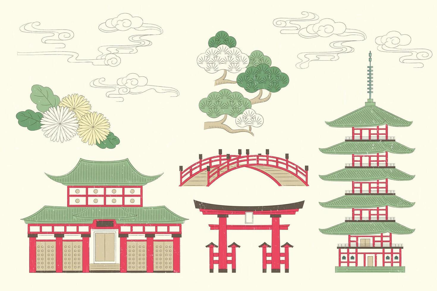 Japanese buildings including torii, bridge with natural elements of flowers, trees and clouds elements illustrated in vintage ink style on beige background vector