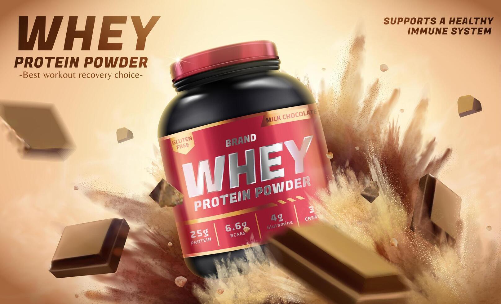 Whey protein powder banner ad. 3D Illustration of whey protein powder jar with explosion effect and chocolate pieces flying. Bodybuilding food supplements product promotion vector