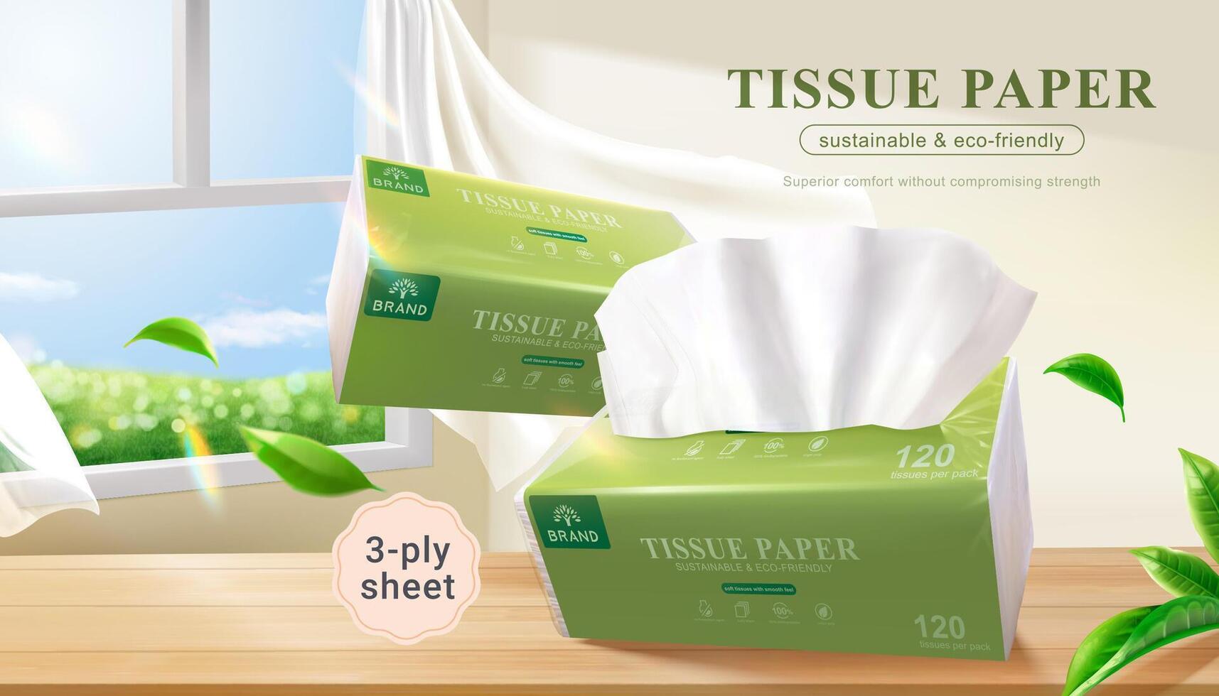 Tissue paper promo banner. 3D Illustration of two packages of tissue paper flowing onto a wooden table indoor with breeze blowing in on white curtains and bringing some leaves on a sunny day vector