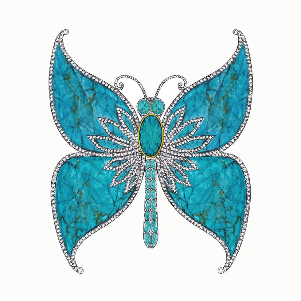 Butterfly jewelry set with diamond and turquoise design by hand drawing on paper. vector