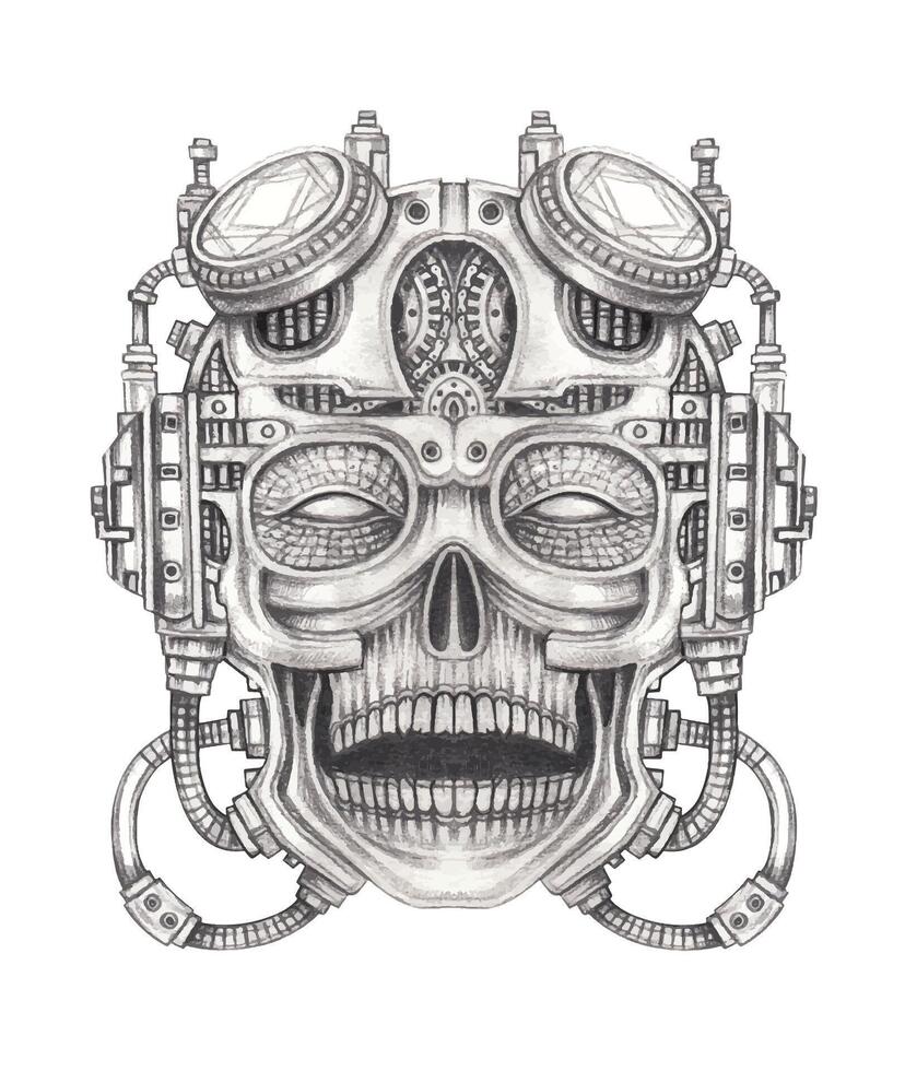 Cyberpunk skull tattoo design by hand drawing on paper. vector