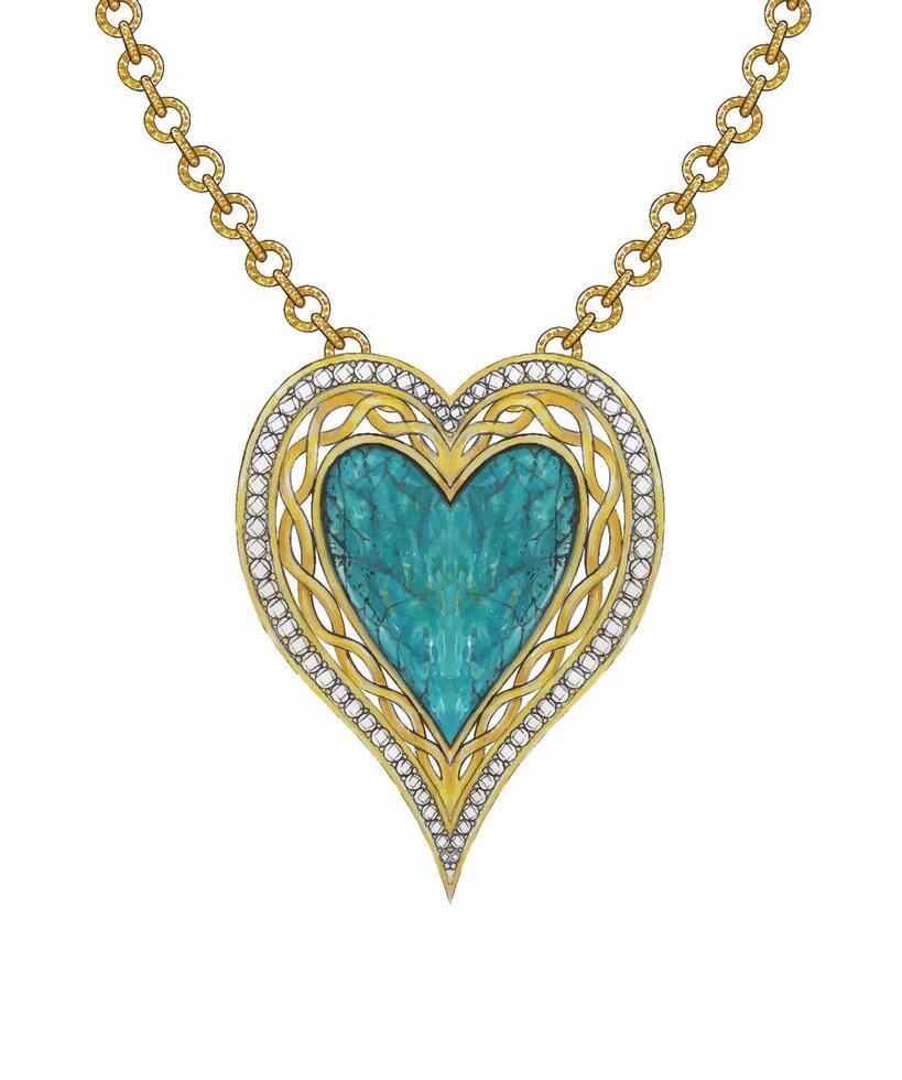 Jewelry design celtic heart set with diamond and turquoise gold necklace sketch by hand drawing on paper. vector