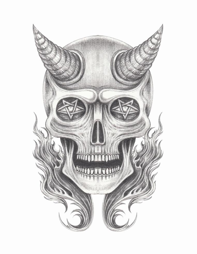 Demon skull tattoo design by hand drawing on paper.o design by hand drawing on paper. vector