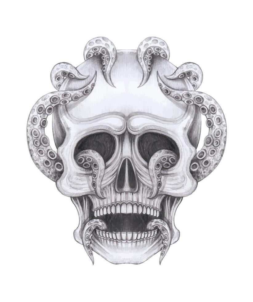 Skull tattoo surreal art design by hand drawing on paper vector