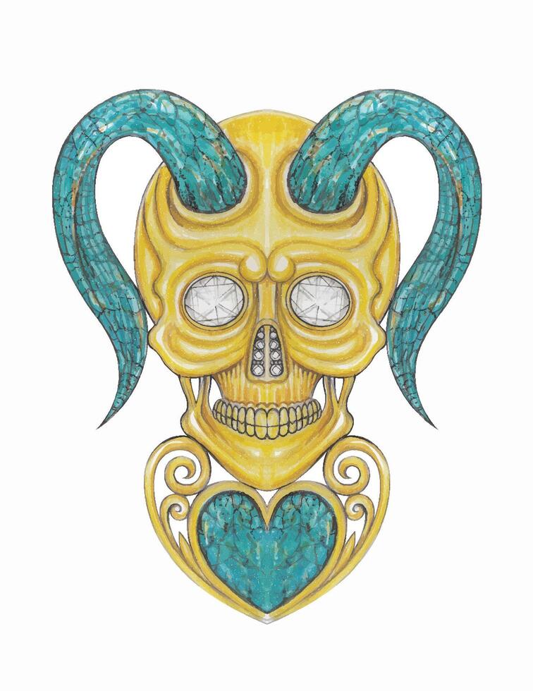 Demon skull and vintage heart gold jewelry set with diamond and turquoise design by hand drawing on paper. vector