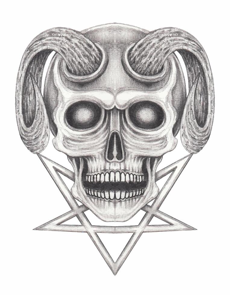 Demon skull tattoo design by hand drawing on paper. vector