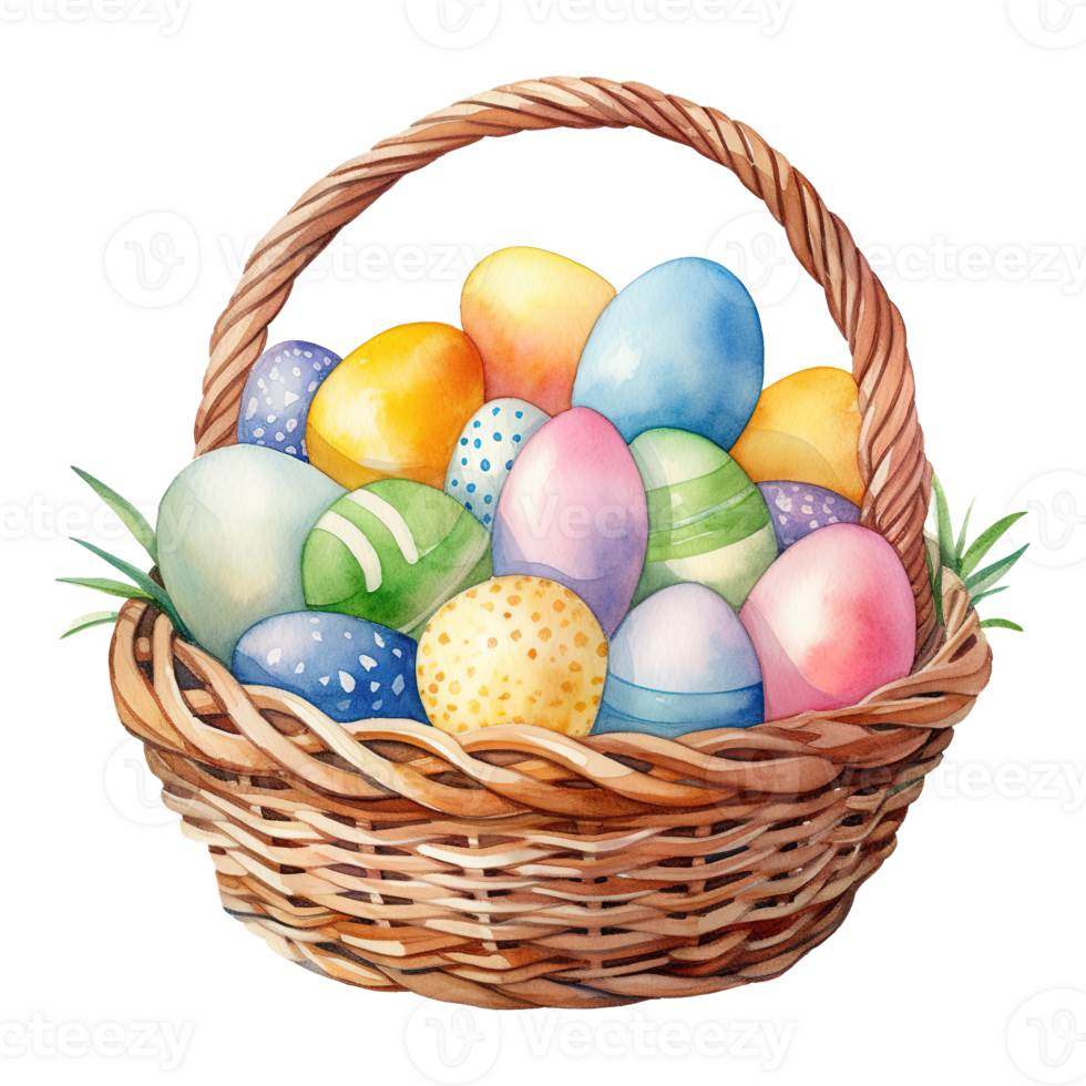 Watercolor Easter Baskets Overflowing with Colorful Eggs png