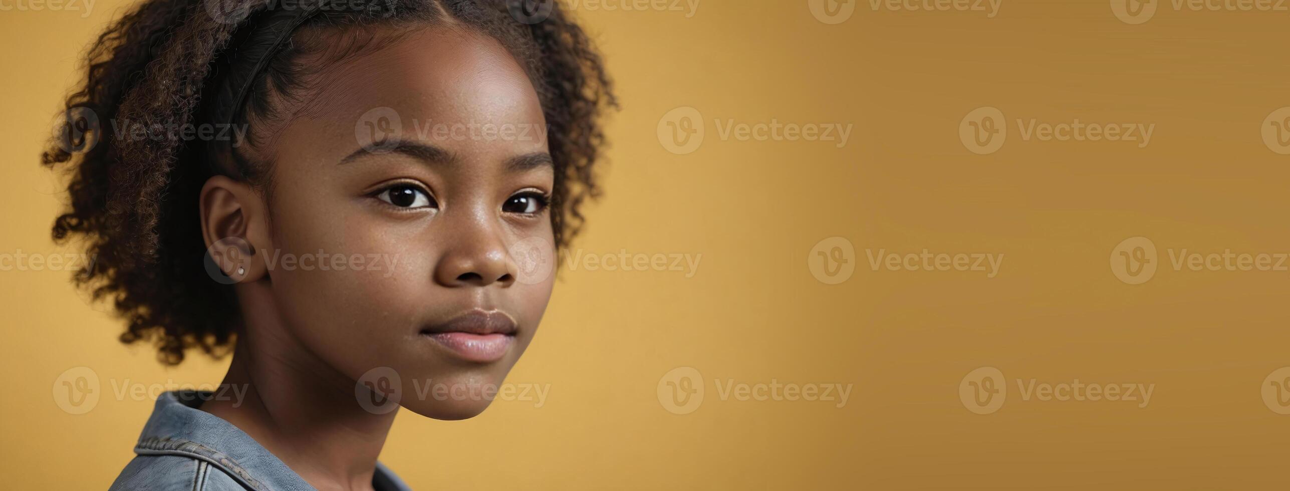 An African American Juvenile Girl Isolated On A Yellow Background With Copy Space. photo