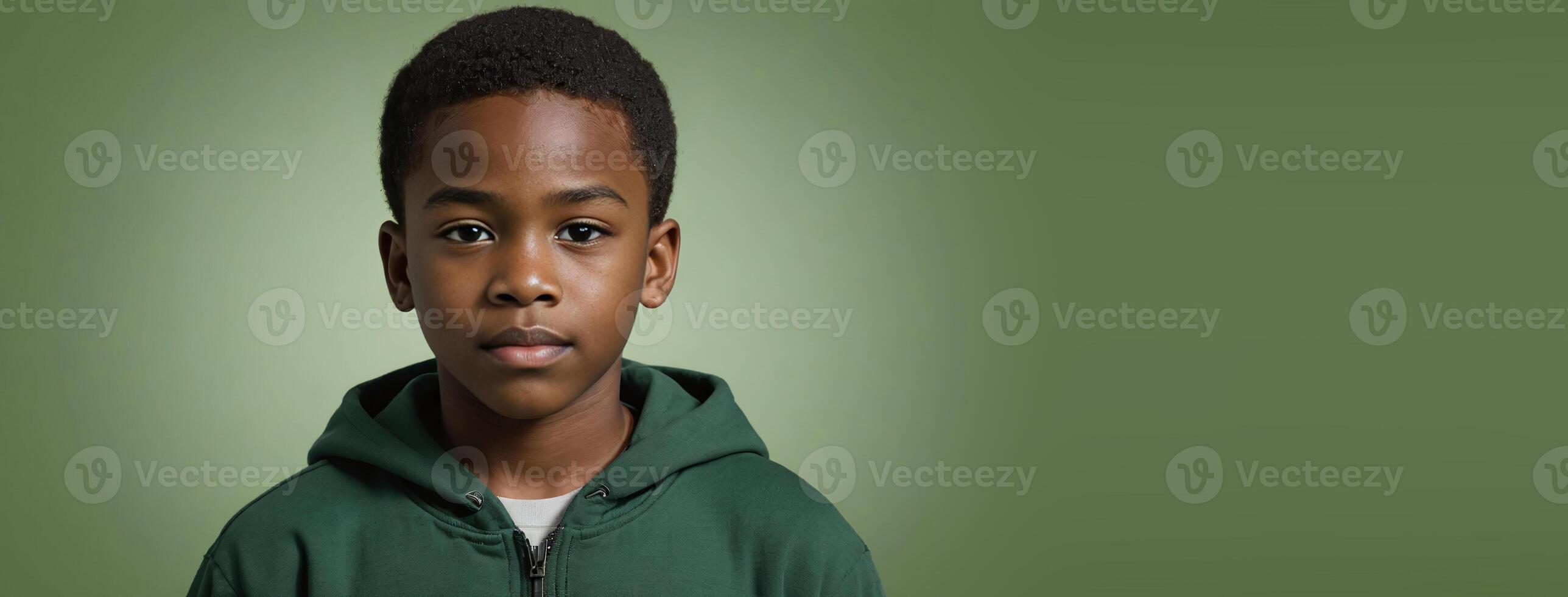 An African American Youngster Boy Isolated On A Green Background With Copy Space. photo