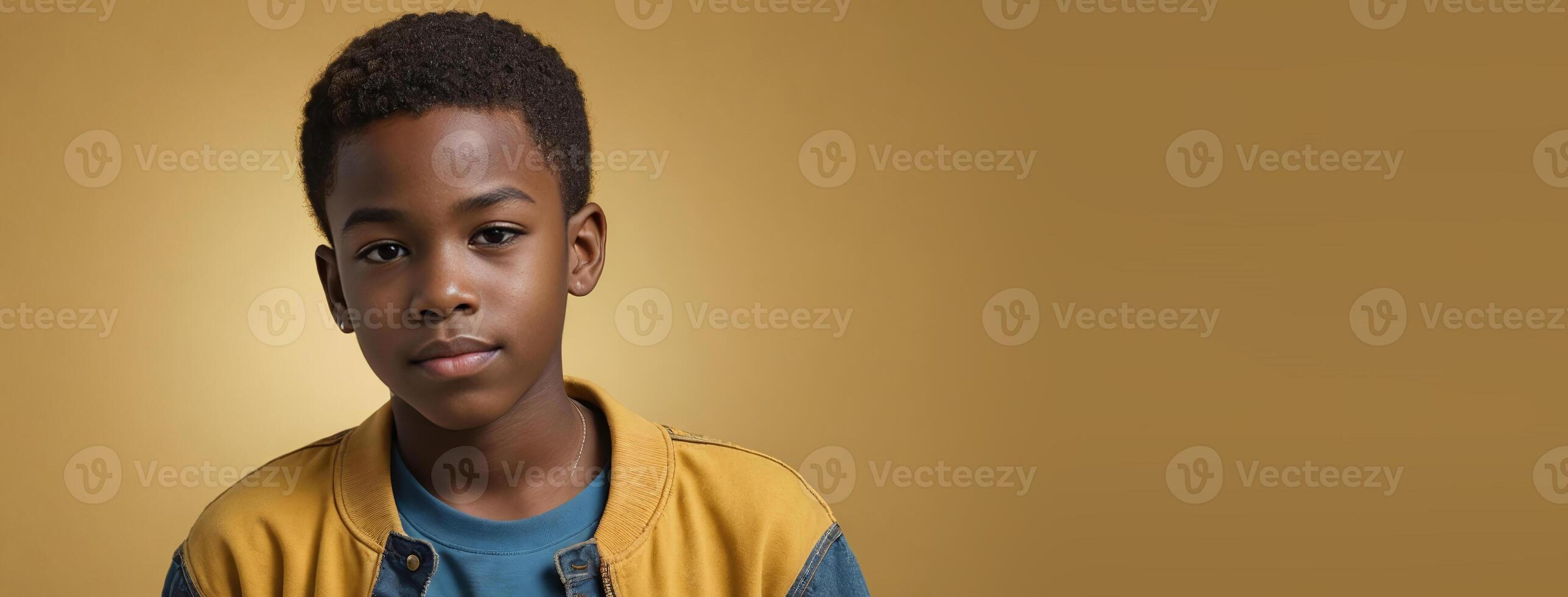An African American Youthful Boy Isolated On A Yellow Background With Copy Space. photo