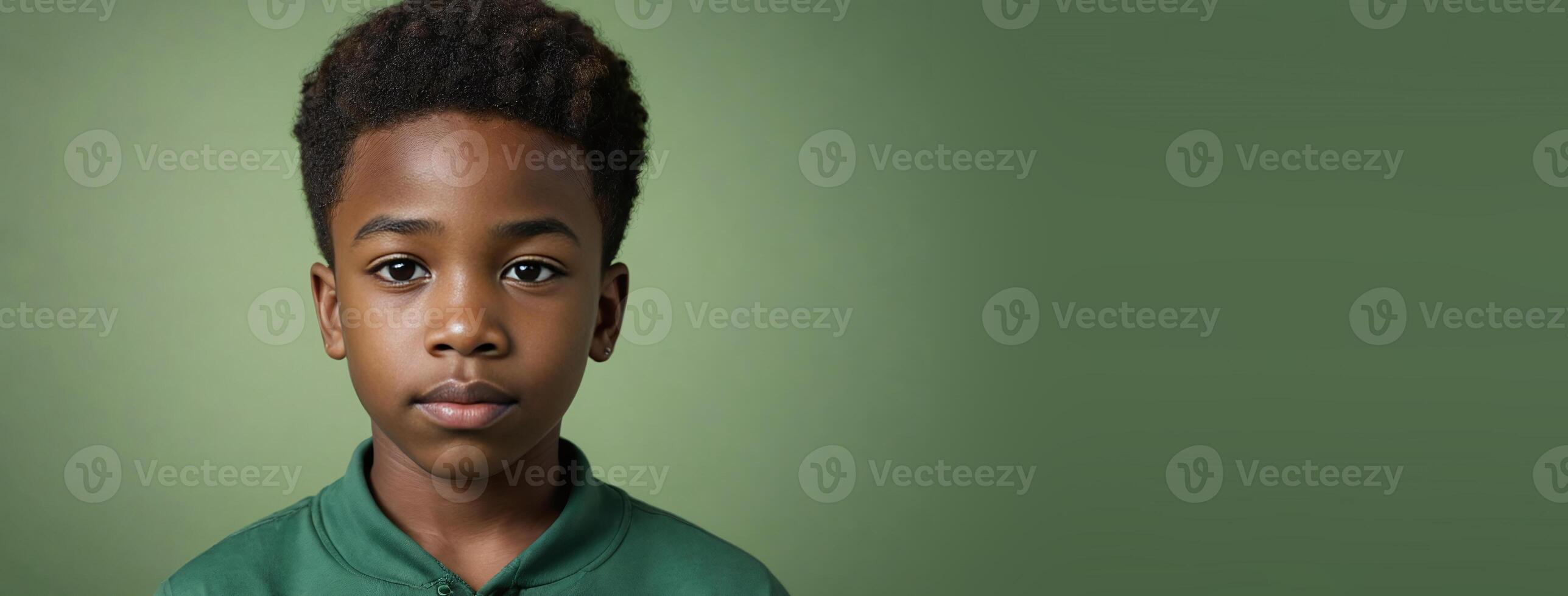 An African American Juvenile Boy Isolated On A Green Background With Copy Space. photo