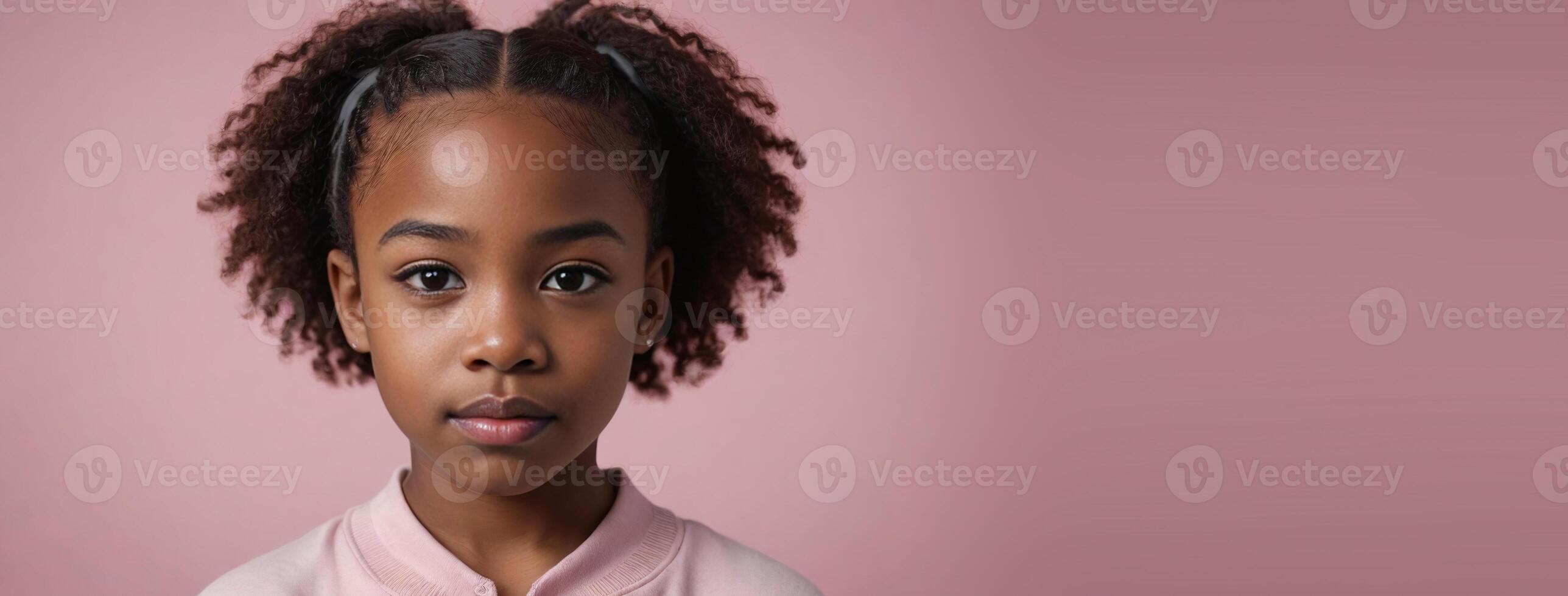 An African American Kin Girl Isolated On A Pink Background With Copy Space. photo