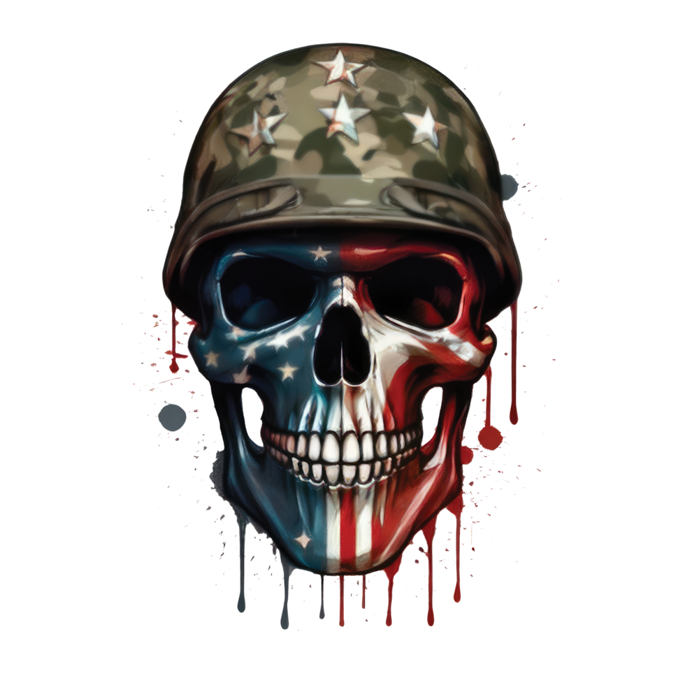 America Flag painted on a skull head Illustration. Made in the USA stamp, T-Shirt grunge graphics. American flag print png