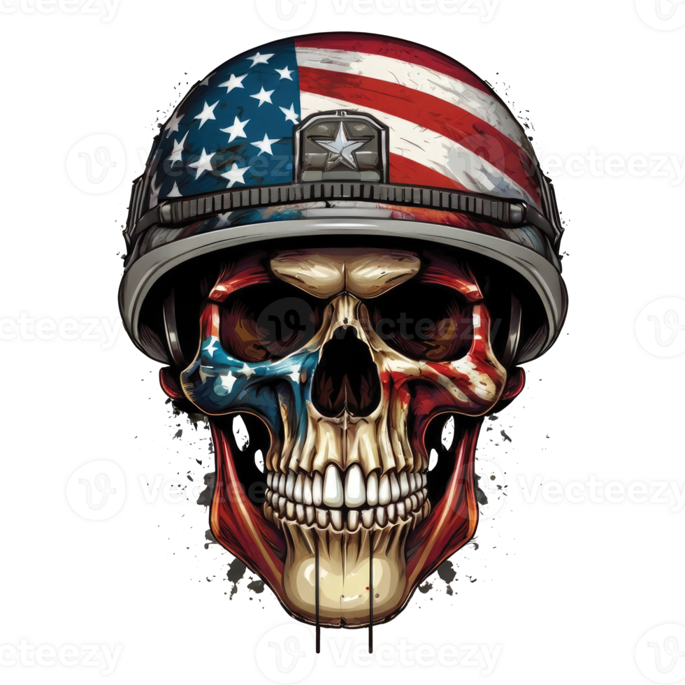 t-shirt illustration of a skull with the colors of the US flag painted on the face png