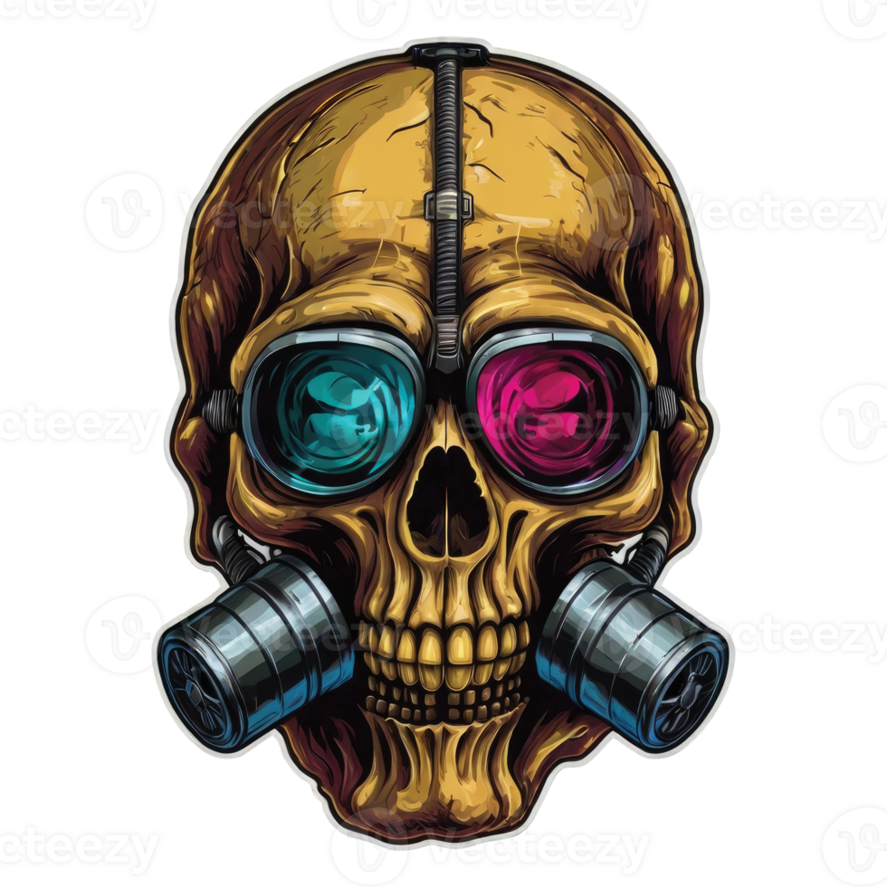 A skull wearing a gas mask and goggles. png