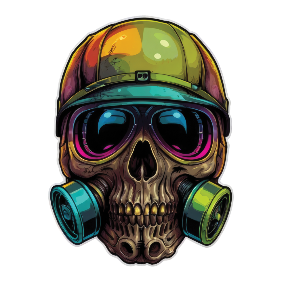 A skull wearing a gas mask and goggles. png