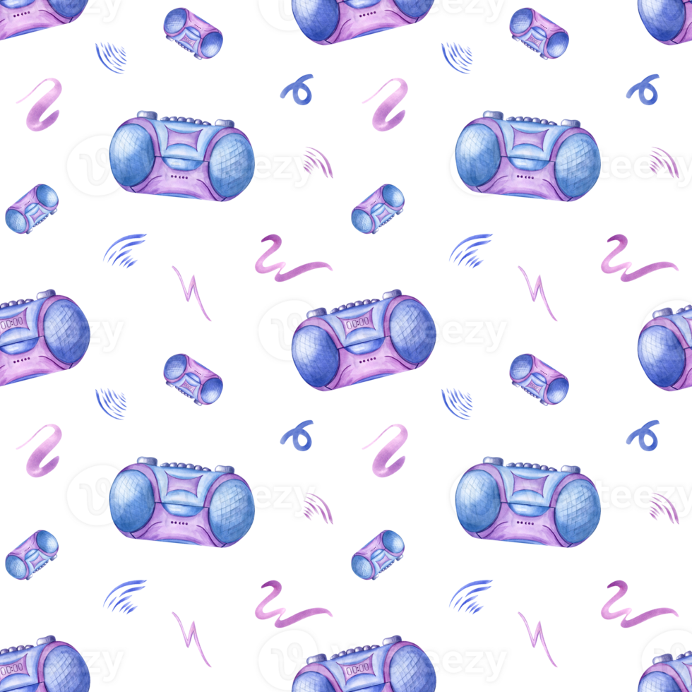 Cassette players in 90s style. Blue purple tape music recorder. Seamless nostalgia pattern. Button stereo gadget among abstract line doodle. Watercolor illustration png