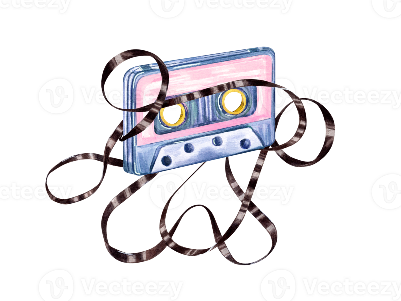 Old audiocassette with tangled tapes. Retro audio Cassettes in nostalgia style. Brown magnetic tape. Vintage multicolored Music compact Cassette. Audio equipment. Watercolor illustration png