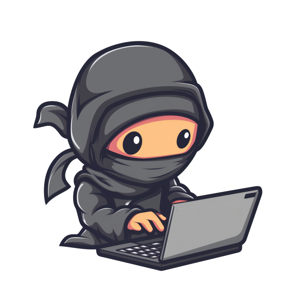 Cute ninja hacker using a laptop png