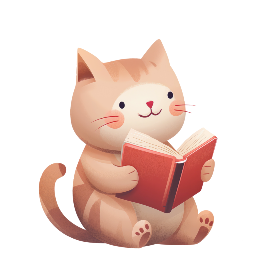 Cute cat siting and reading a red book png