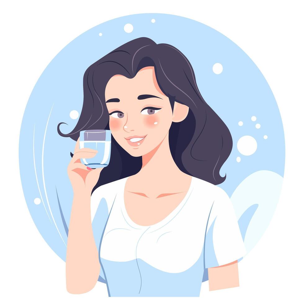 Girl drinks water from a glass vector