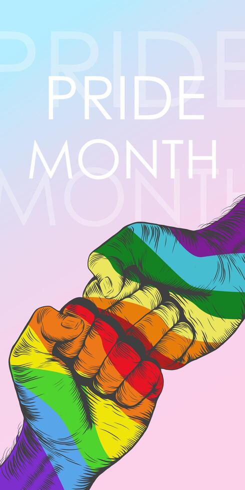Rainbow colored hand fist to fist gesture. Gay Pride Month background. LGBT concept. Realistic style colorful illustration. Sticker, patch, t-shirt print, logo design. vector
